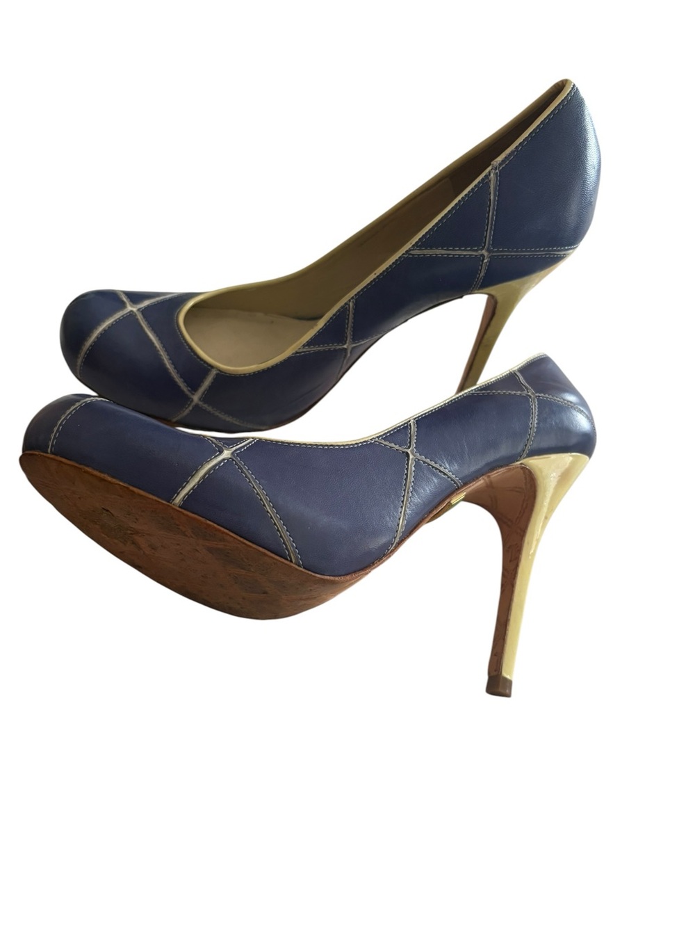 L.A.M.B. Gwen Stefani Blue and Yellow Leather High Heel Pumps Sz 8 No Doubt Y2K